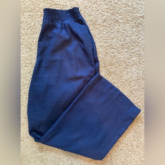 Land ‘ N Sea Navy linen high waist Wide-Leg Pants w/pockets & elastic waist - Picture 1 of 10
